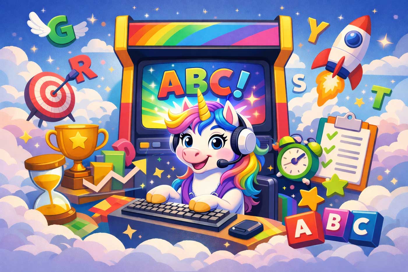 Una's Alphabet Arcade preview with alphabet game letters, a timer, and unicorn sparkles.